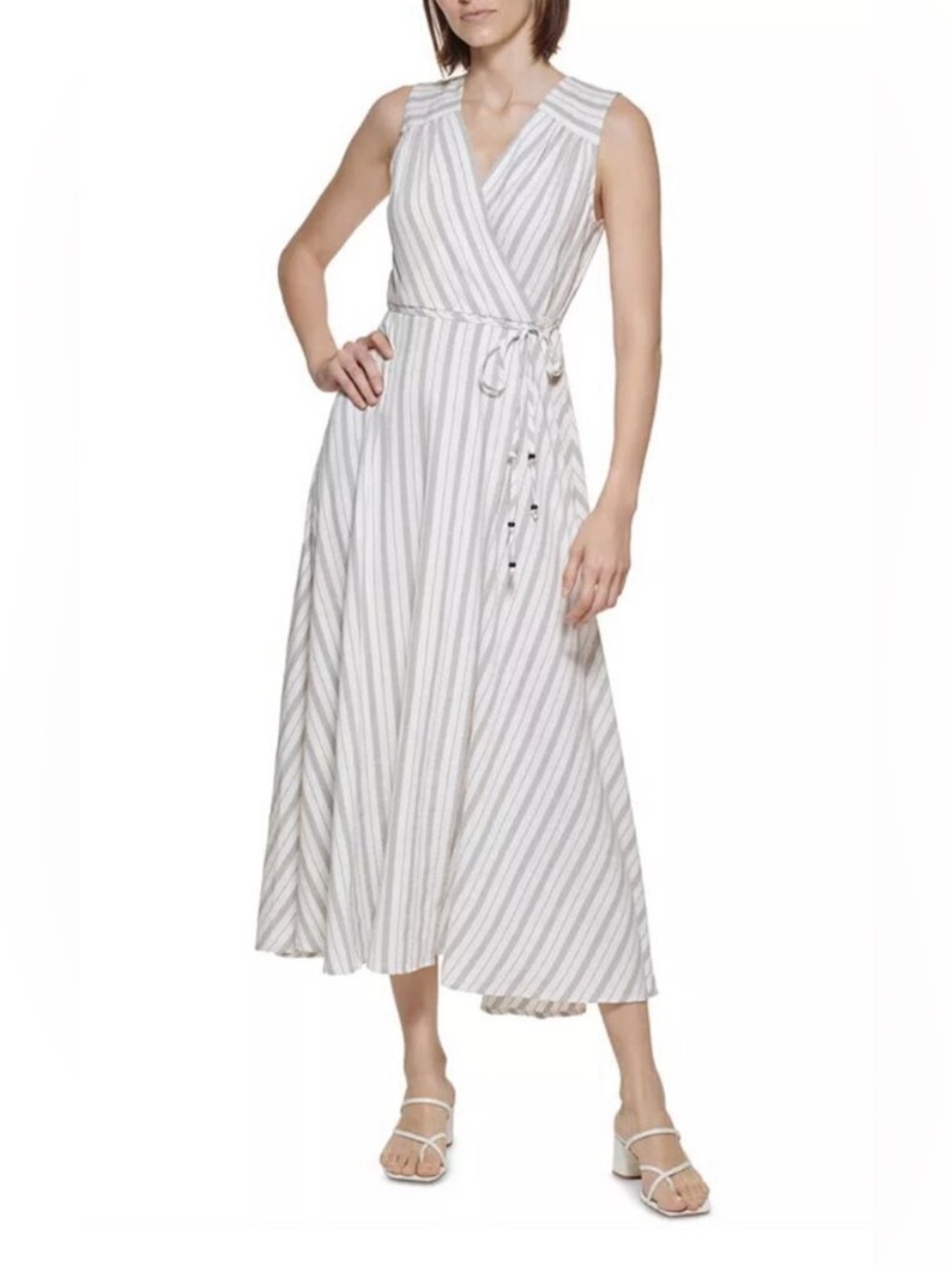 Calvin Klein Sleeveless Striped Wrap Midi Dress in White and Light Gray
